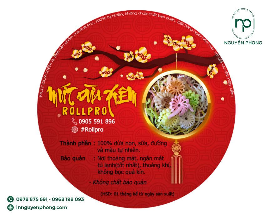 thiết kế tem mứt dừa non dạng hình tròn